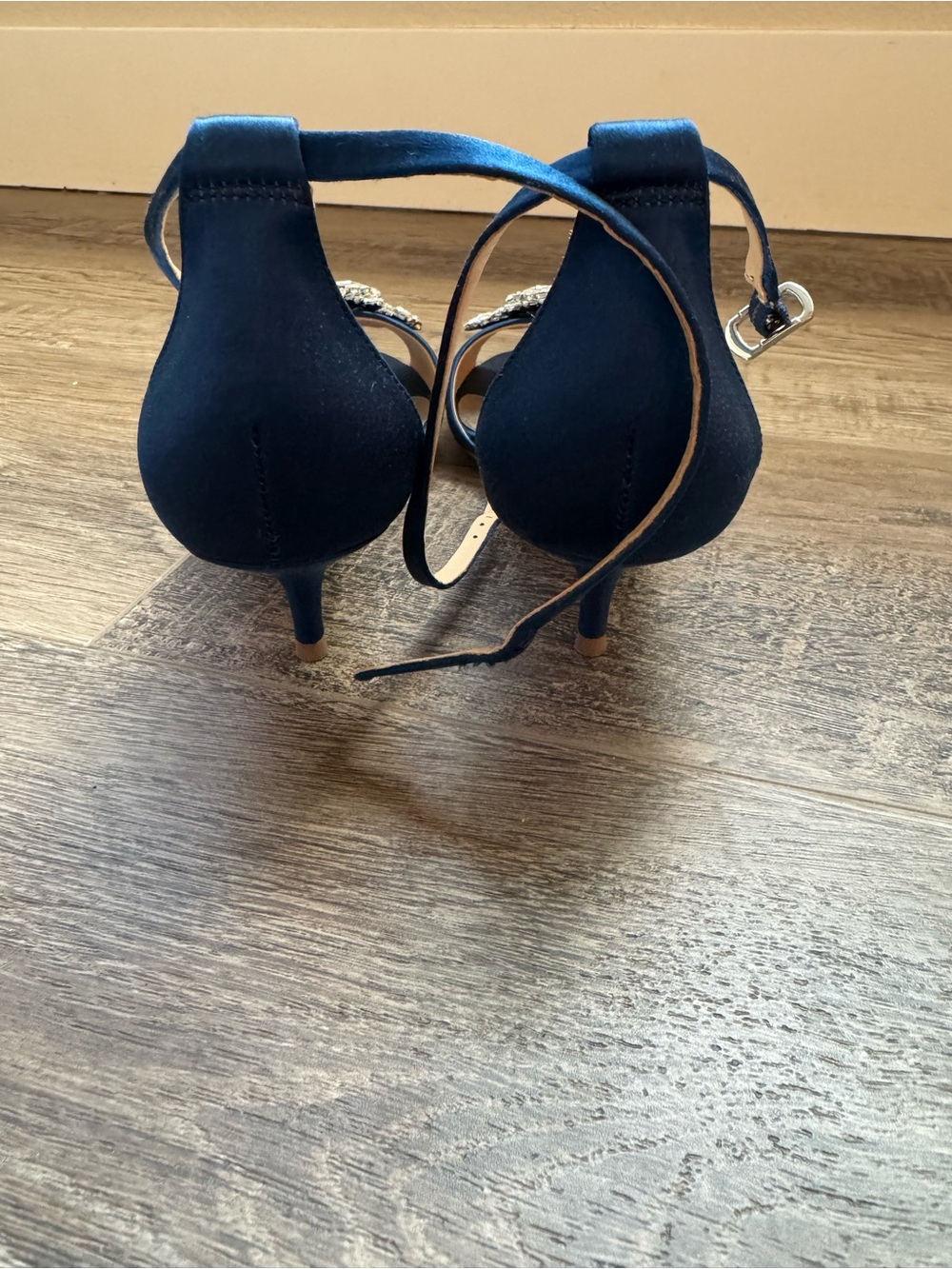 Badgley Mischka Navy Satin Gem-Embellished Open-Toe Heels - Picture 3 of 5
